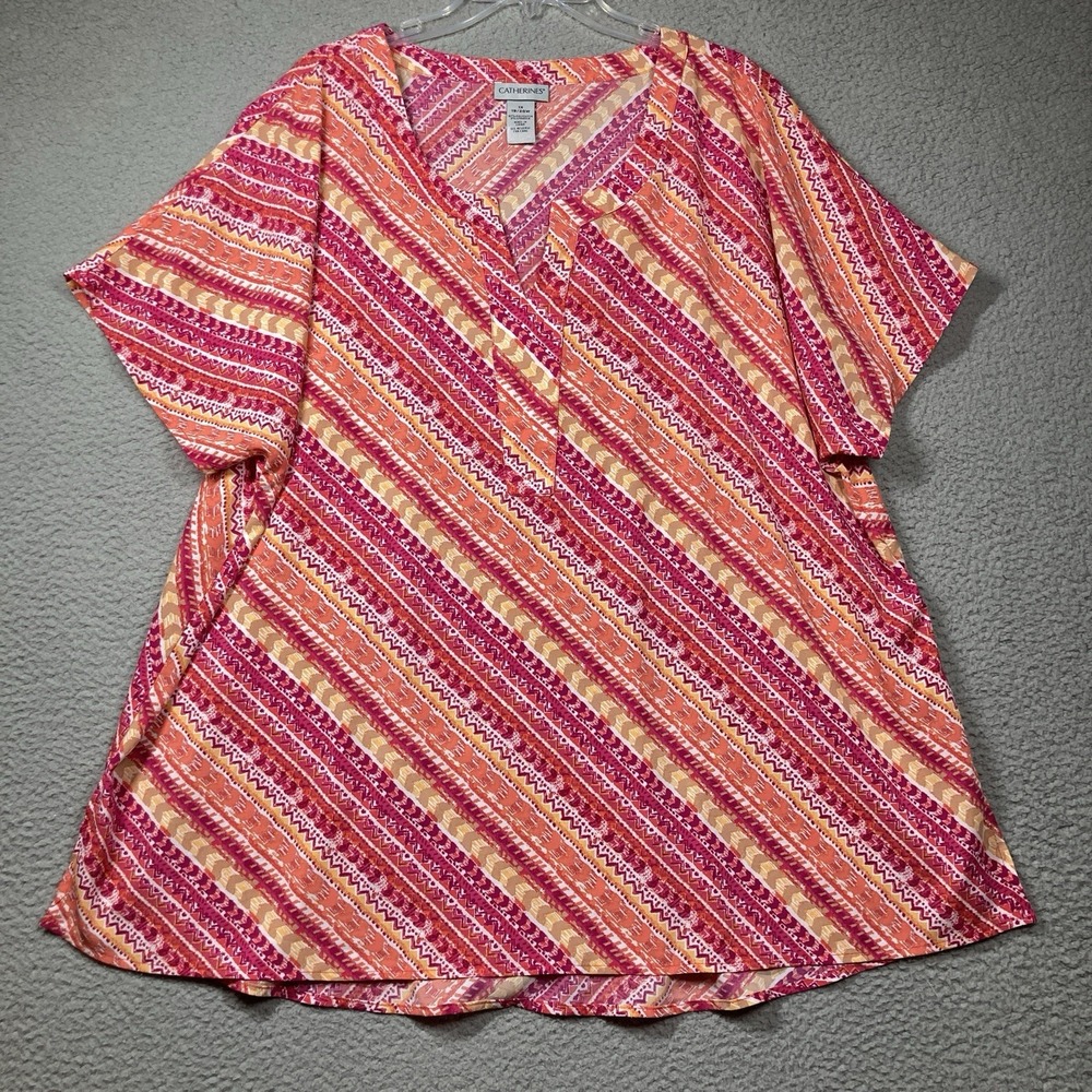 Catherines Top Women's Plus 1X Pink‎ Orange Stretch Flowy V Neck Short Sleeve